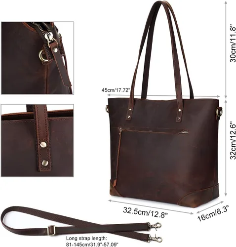 Miniatura 5 de S-ZONE - Bolso de mano de piel auténtica vintage para portátil, Bolsa de trabajo para mujeres con bolsillo trasero con cremallera