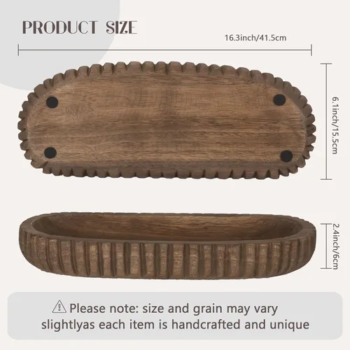 Miniatura 2 de Oakrain Cuenco decorativo de madera para decoración del hogar, cuenco de masa rústico de 16 pulgadas con rayas verticales talladas a mano, bandeja