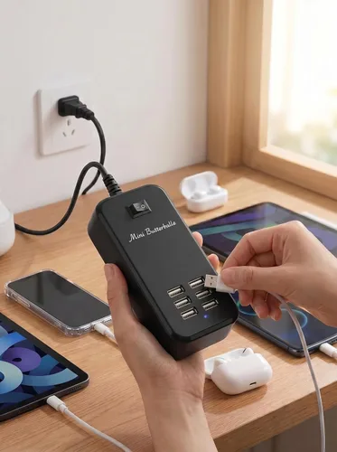 Miniatura 4 de Estación de carga USB, estación de carga de escritorio de 6 puertos para múltiples dispositivos, regleta de alimentación de pared con interruptor