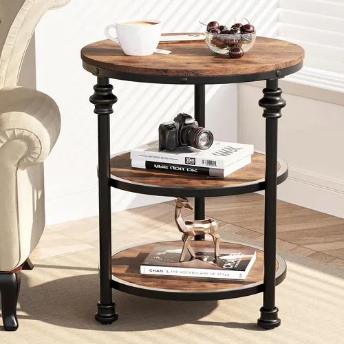 Miniatura 3 de IDEALHOUSE Mesa auxiliar pequeña, mesa auxiliar redonda con 3 estantes para sala de estar, dormitorio, mesita de noche, mesa auxiliar con marco