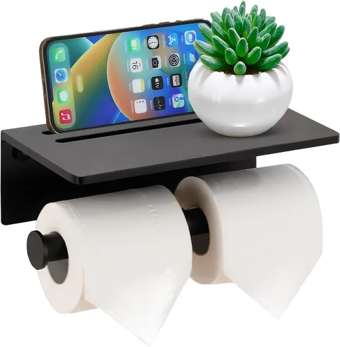 Miniatura 9 de Soporte de papel higiénico – Soporte de papel higiénico de aluminio de doble rollo con estante para teléfono móvil para baño, autoadhesivo 3M, sin
