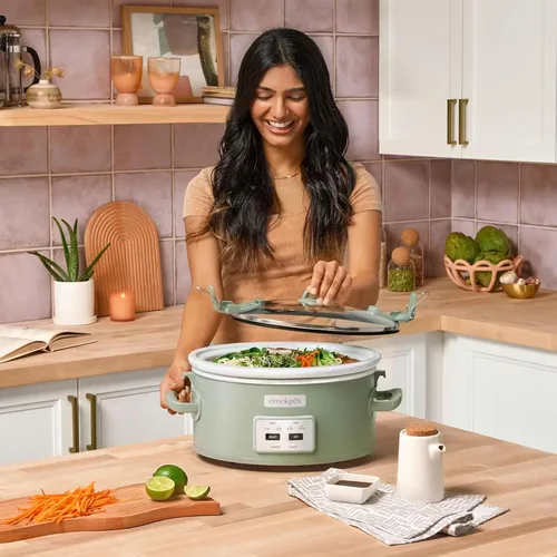 Miniatura 2 de Crock-Pot Olla de cocción lenta programable con tapa de cierre de 6 cuartos de galón para cocinar y transportar, color Moonshine Verde (Verde)