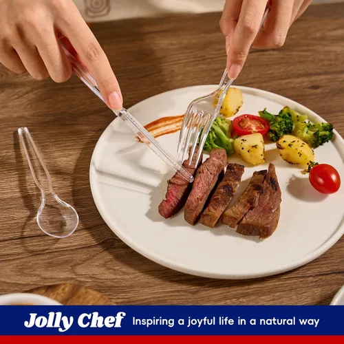 Miniatura 4 de JOLLY CHEF Juego de 300 cubiertos de plástico transparente, 100 tenedores, 100 cucharas, 100 cuchillos, juego de cubiertos de plástico desechables