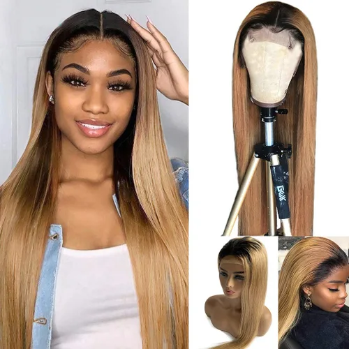 Miniatura 5 de 24 pulgadas de largo, peluca de encaje frontal, rubio miel, cabello humano real, liso, 150 % de densidad, cabello brasileño virgen, pelucas