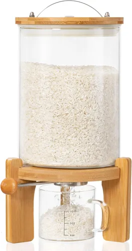 HBlife Dispensador de arroz de vidrio de 5 a 7 libras con soporte de madera, contenedor de harina y cereales con taza medidora de vidrio, despensa,