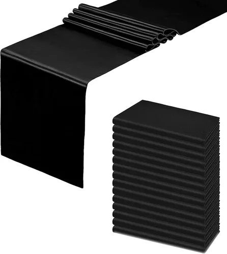 Paquete de 15 caminos de mesa negros, camino de mesa de satén de 12 x 108 pulgadas de largo, camino de mesa de seda y tela suave para bodas,