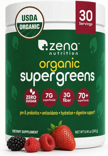 Miniatura 11 de Zena Nutrition Polvo de Súper Verdes Orgánico, 70+ Superalimentos, 0 Azúcar, 3G de Fibra, Espirulina, Chlorella, Hongos, Prebióticos/Probióticos