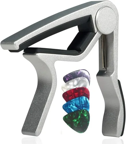 Miniatura 10 de WINGO Cejilla de guitarra para guitarra acústica y eléctrica con 5 púas, Burlywood