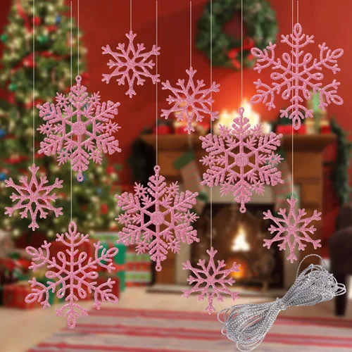 Whaline 40 adornos de copo de nieve de invierno con purpurina rosa, decoraciones colgantes de Navidad con cuerda plateada de 197 pulgadas para boda,
