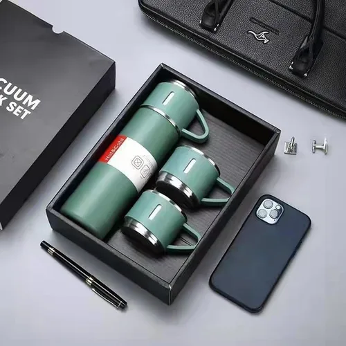 Miniatura 6 de 1 botella+3 tazas 16.9 fl oz 304 acero inoxidable aislado botella y taza conjunto para mantener el calor en invierno (negro)