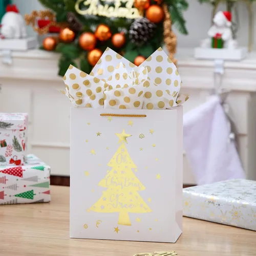 Miniatura 7 de UNIQOOO 12 bolsas de regalo grandes de papel de aluminio dorado blanco y metálico, 4 diseños surtidos de copos de nieve de árbol de Navidad