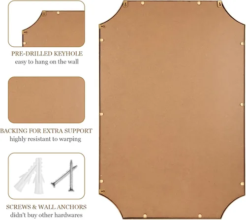 Miniatura 7 de Espejo de pared de 24 x 36 pulgadas, espejo decorativo rectangular de esquinas festoneadas, marco de cuentas de metal, decoración de pared para Oro