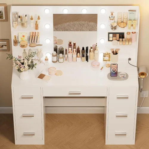 Miniatura 4 de Escritorio de maquillaje con espejo y 10 luces, mesa con 7 cajones y 4 estantes abiertos, 3 modos de color y brillo ajustable, estación de carga