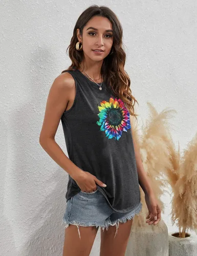 Miniatura 3 de JINTING - Camisetas sin mangas con estampado de girasoles para mujer de verano, camisetas sin mangas, con estampado y estilo bohemio