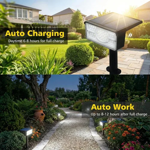 Miniatura 3 de T-SUN Focos solares para exteriores, paquete de 4 unidades, 49 LED, 2 modos de iluminación, IP65 impermeables para paisaje, luces LED de atardecer a