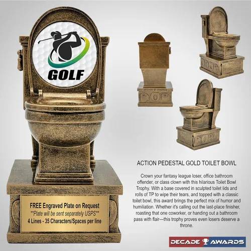 Miniatura 4 de Decade Awards Trofeo de pedestal dorado para inodoro con insertos opcionales, 7 pulgadas de alto, placa grabada bajo petición Golf