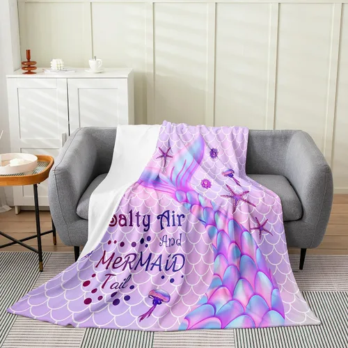 Miniatura 9 de Erosebridal Manta de cola de sirena para niños, manta de vellón de sirena de 40 x 50 pulgadas para niñas, manta de franela de escamas de peces