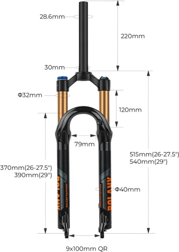 Miniatura 2 de BOLANY 26/27.5/29 pulgadas Horquilla de Suspensión de Bicicleta 120mm de Viaje 28.6mm (1-1/8 pulgadas)*220mm Sin Rosca Mando Recto 9mm QR*100mm
