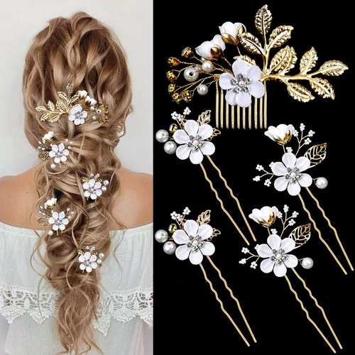 Miniatura 8 de 5 Piezas Horquillas de Flores Nupciales para Cabello de Boda Peines de Cabello de Cristal y Perla Clips Tocado Dorado Accesorios de Cabello de Boda