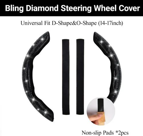 Miniatura 6 de CAR PASS 2 piezas de funda de volante con diamantes brillantes segmentada con cristales de imitación de diamantes, protector de volante