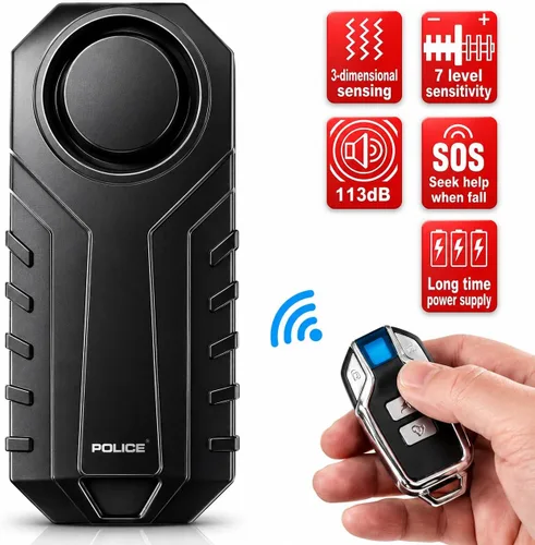Miniatura 3 de Police Alarma de bicicleta con control remoto 113dB inalámbrico antirrobo vibración, sensor de movimiento, sistema de seguridad impermeable