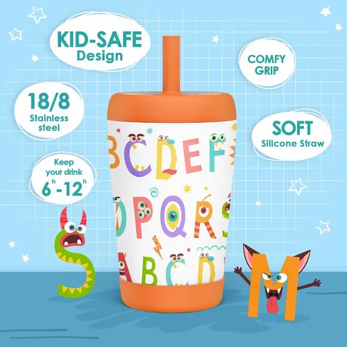 Miniatura 2 de Vaso de acero inoxidable aislado para niños con popote de silicona, taza para sorber de 12 onzas para niños (alfabeto)