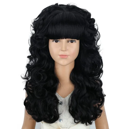 PATTNIUM Kids Black Long Curly 80s Wig with Bangs Girls Beehive Vintage Wigs 70s Long Black Wavy Synthetic Wig Girls Costume Halloween Cosplay Party