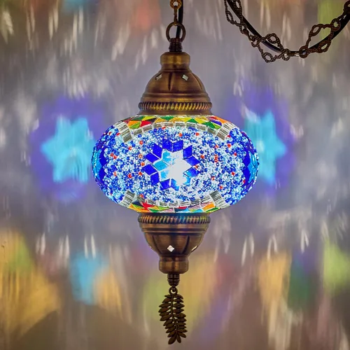 Miniatura 5 de DEMMEX Lámpara Colgante de Techo de Mosaico Turco Marroquí Enchufable – Luminaria Tipo Swag con Cable de 15 pies y Cadena, Vidrio Hecho a Mano