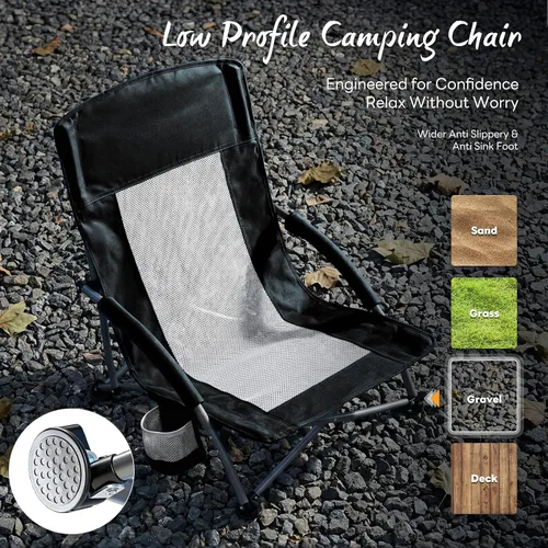 Miniatura 4 de NEWBULIG Silla de playa plegable para adultos, silla de césped de perfil bajo con portavasos y bolsa de transporte, asiento extra ancho y respaldo