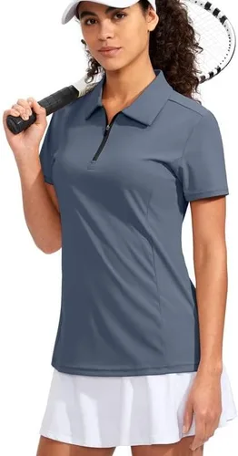 Miniatura 2 de Viodia Camisa de golf para mujer, manga corta, con cremallera, de secado rápido, elástica, con cuello de tenis, ropa de golf