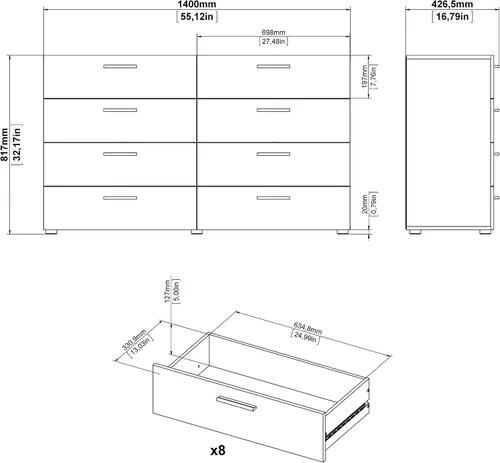Miniatura 3 de Tvilum Cómoda doble de 8 cajones, grano de madera negro