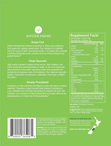Miniatura 2 de Antler Farms Calostro 100% puro de Nueva Zelanda, 30 porciones, 1 libra - Alimentado con pasto, criado en pasto, de origen limpio, procesado