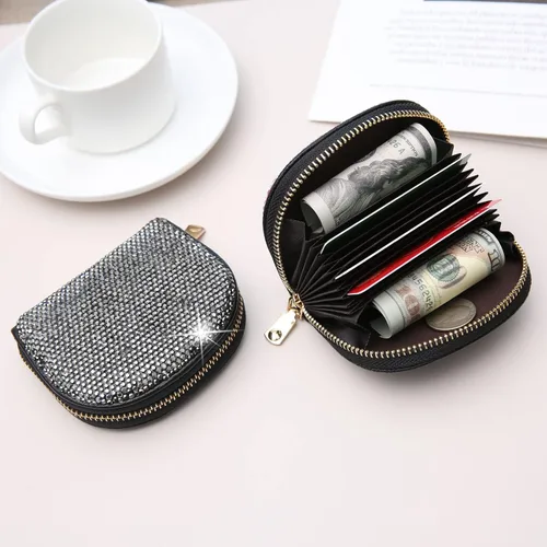 Miniatura 7 de AsAlways RFID Rhinestone titular de la tarjeta de crédito semicírculo multicapa cremallera caso Bling Crystal Slim pequeña cartera para mujeres