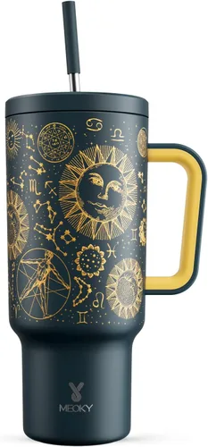 Miniatura 9 de Meoky Vaso de 40 onzas que brilla en la oscuridad con asa y popote, vaso con tapa y pajita, vaso aislado de acero inoxidable para viaje, 100% a