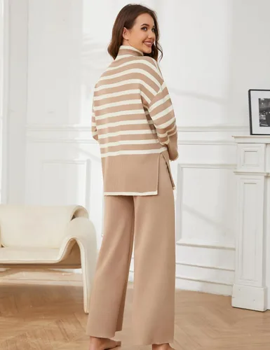 Miniatura 2 de Tanming Conjuntos de suéter para mujer, manga larga, a rayas, informal, de punto, pantalones de pierna ancha