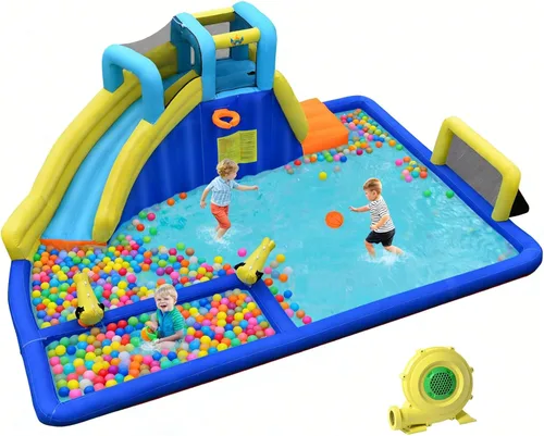 Miniatura 13 de BOUNTECH Tobogán acuático inflable, parque acuático para niños, castillo de salto de fútbol acuático con cañones dobles, piscina de salpicaduras