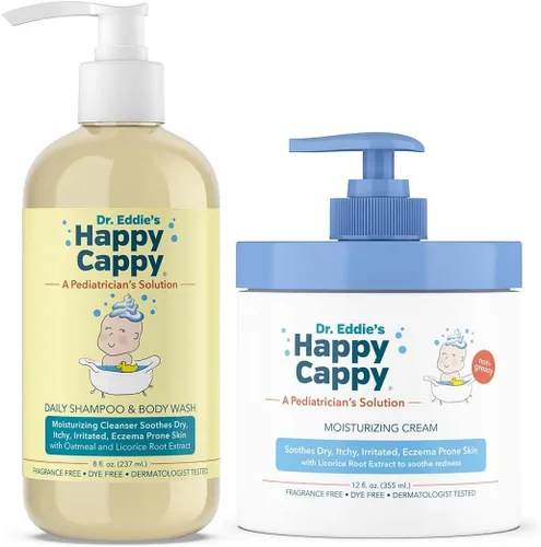 Happy Cappy Paquete de champú para bebés, gel de baño y crema hidratante – Eczema Body Wash y loción para niños y niños pequeños, ayuda con la