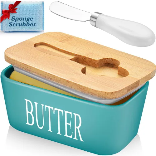 Miniatura 12 de Mantequillera con tapa: recipiente grande para mantequilla para encimera, soporte de mantequilla de cerámica para mostrador, bandeja de mantequilla