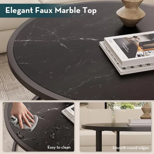 Miniatura 4 de SAYGOER Mesa de centro redonda de mármol negro para sala de estar, mesa central moderna con marco de metal, 27.6 × 27.6 × 17.7, mármol sintético
