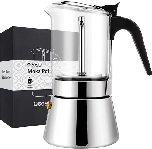 Miniatura 9 de Geesta Premium Cafetera de Espresso para Estufa con Tapa de Cristal - 4/6/9 Tazas - Cafetera de Acero Inoxidable - 240ml/8.5oz/6 tazas
