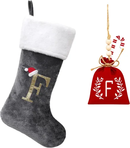 Miniatura 147 de Calcetines de Navidad bordados de 20 pulgadas con monograma, terciopelo negro con puño de felpa blanca supersuave, adornos clásicos para decoración