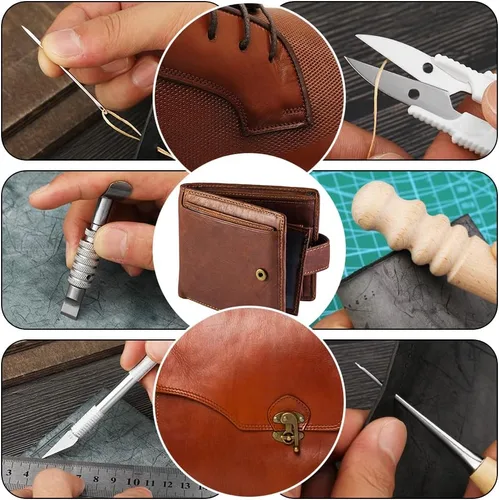 Miniatura 6 de Herramientas para trabajar la piel, 60 piezas de herramientas y suministros para trabajar el cuero con bolsa de almacenamiento, alfombrilla