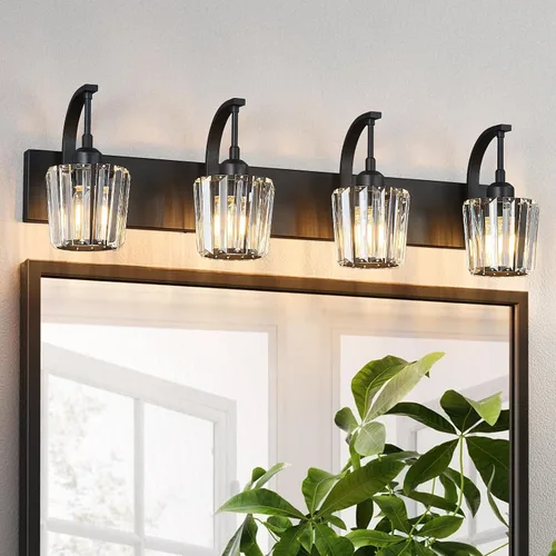 Miniatura 44 de Luces de tocador de cristal de 3 luces negras para tocador de baño, modernas lámparas de baño de cristal sobre espejo de 23.62 pulgadas de largo