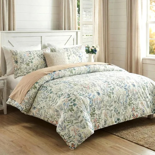 Miniatura 2 de Juego de edredón floral verde, tamaño King, edredón 100% algodón, 3 piezas, suave, ligero, reversible, retro, floral, para todas las estaciones
