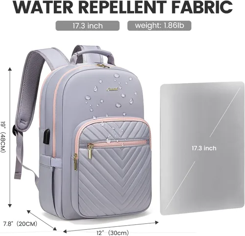 Miniatura 4 de LOVEVOOK Mochila para laptop de 17.3 pulgadas para mujer, bonita mochila de viaje para mujer, bolsa profesional para computadora portátil, rosa gris