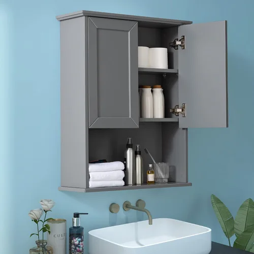 Miniatura 13 de VANIRROR Armario de pared de baño negro de 23 x 29 pulgadas, botiquín de madera con 2 puertas y estante ajustable, armario montado en la pared sobre