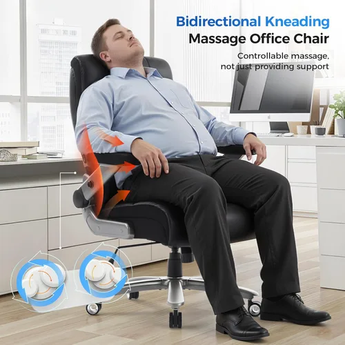 Miniatura 4 de Silla de oficina grande y alta de 600 libras, asiento extra ancho, masaje 3D y calor, silla de oficina con resistencia para personas, brazos cuero