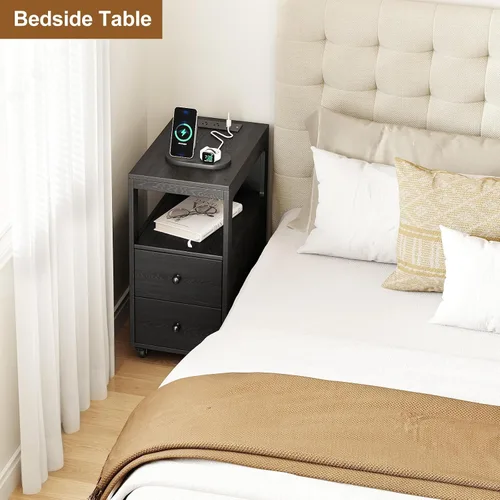 Miniatura 7 de Mesa auxiliar estrecha con estación de carga y ruedas, mesa auxiliar de sofá estrecha móvil con puertos USB y salidas para espacio pequeño, sala