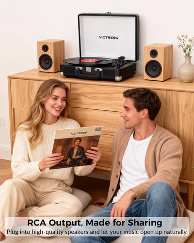 Miniatura 8 de Tocadiscos de vinilo con entrada y salida Bluetooth, tocadiscos portátil vintage de maleta, tocadiscos LP de 3 velocidades con conversión de vinilo