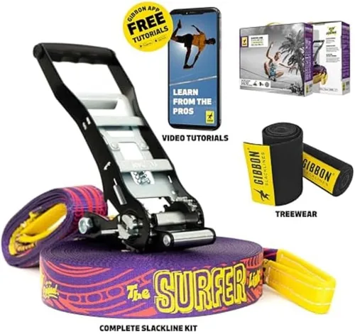 Miniatura 3 de GIBBON Slacklines Surferline con ropa de árbol, morado, 98 pies (línea de 90 pies + correa de trinquete de 8 pies con lazo reforzado) incl.